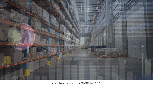 Image of financial data processing over warehouse. global business, data processing, digital interface, technology and shipping concept digitally generated image.