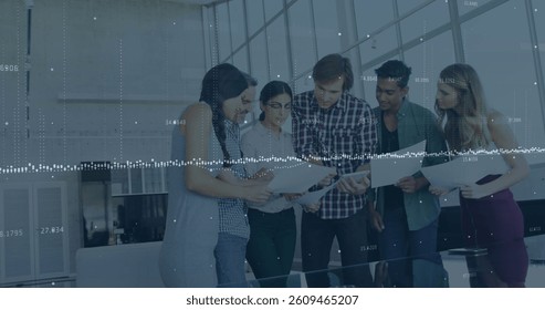 Image of financial data processing over business people. global business, finances and data processing concept digitally generated image.
