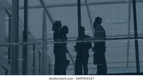 Image of financial data processing over business people. global business, finances and data processing concept digitally generated image.