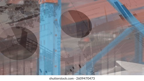 Image of financial data processing over construction site. global business, data processing, digital interface, technology and networking concept digitally generated image.