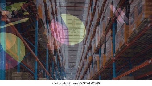 Image of financial data processing over warehouse. global business, data processing, digital interface, technology and shipping concept digitally generated image.