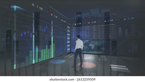 Image of financial data processing over businessman. global business, finances, digital interface and connections concept digitally generated image.