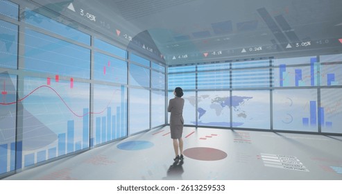 Image of financial data processing over businesswoman. global business, finances, digital interface and connections concept digitally generated image.