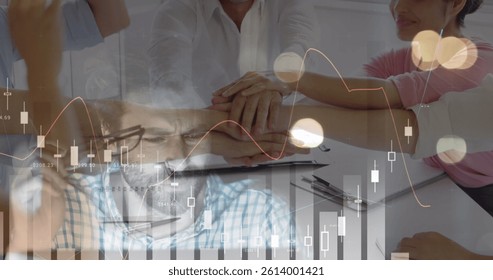 Image of financial data processing over business people stacking hands in meeting. global business, connections and data processing concept digitally generated image.
