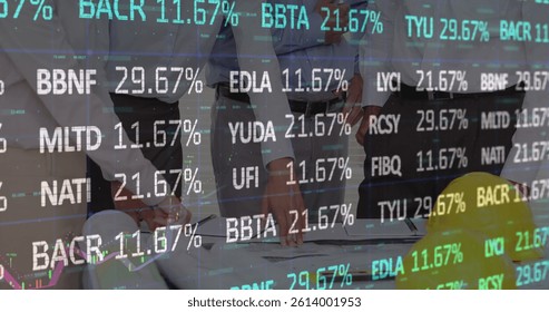 Image of financial data processing over architects in meeting. global business, connections and data processing concept digitally generated image.