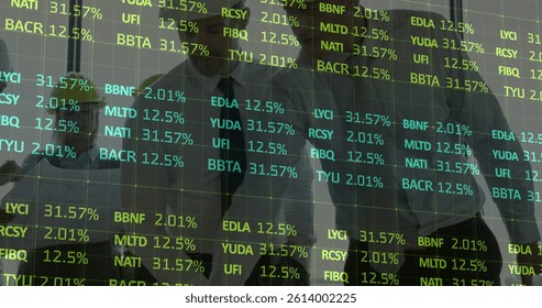 Image of financial data processing over architects in meeting. global business, connections and data processing concept digitally generated image.