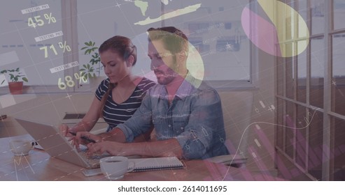 Image of financial data processing over business people using laptop. global business, data processing and digital interface concept digitally generated image.