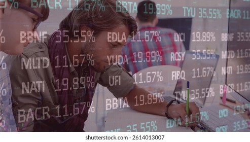 Image of financial data processing over business people in meeting. global business, data processing and digital interface concept digitally generated image.