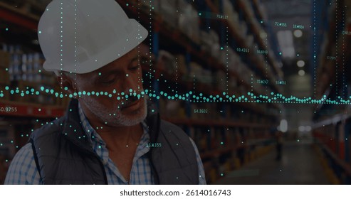 Image of financial data processing over people working in warehouse. global shipping, delivery and connections concept digitally generated image.