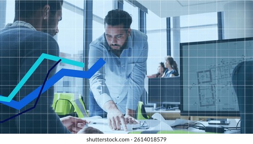 Image of financial data processing over diverse business people in office. global business, finances and digital interface concept digitally generated image.