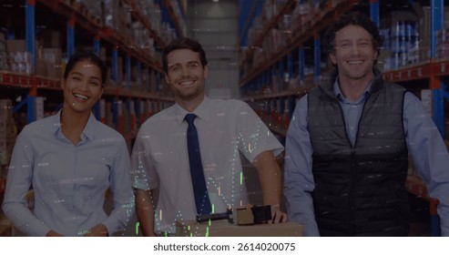 Image of financial data processing over people working in warehouse. global shipping, delivery and connections concept digitally generated image.