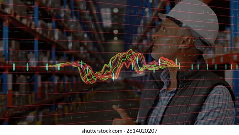 Image of financial data processing over biracial worker in warehouse. global shipping and delivery concept digitally generated image.