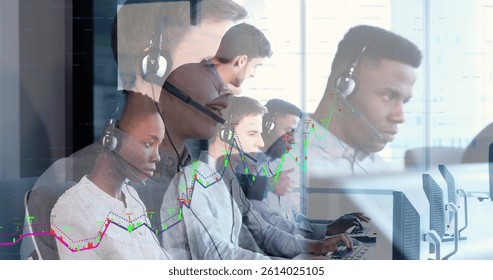 Image of financial data processing over diverse business people wearing headset. global business, finances, technology and connections concept digitally generated image.