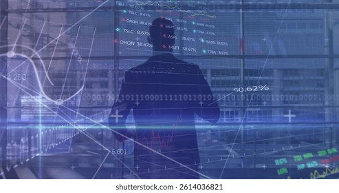 Image of financial data processing over caucasian businessman with luggage walking. global business, finances and digital interface concept digitally generated image.