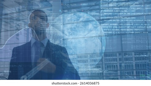 Image of financial data processing over caucasian businessman with luggage walking. global business, finances and digital interface concept digitally generated image.