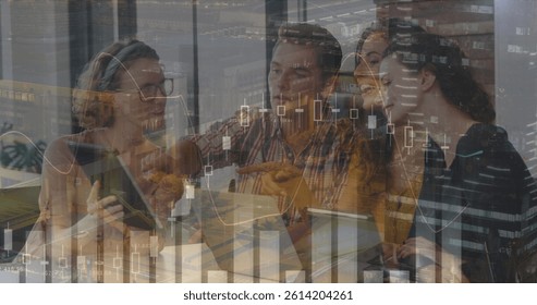 Image of financial data processing over diverse business people using tablet. global business, finance, data processing and digital interface concept digitally generated image.