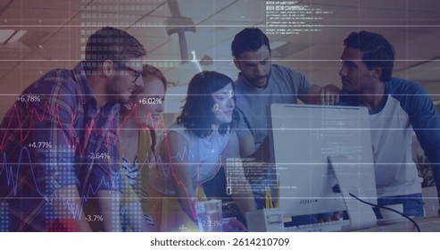 Image of financial data processing over diverse business people using computer. global business, finance and digital interface concept digitally generated image. - Powered by Shutterstock - Get 15% off with code: PIKWIZARD15