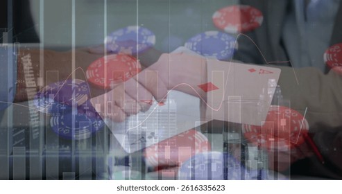 Image of financial data processing over cards and tokens. global business, finances, data processing and digital interface concept digitally generated image.