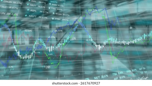 Image of financial data processing over empty warehouse. Global shipping, business and data processing concept digitally generated image. - Powered by Shutterstock - Get 15% off with code: PIKWIZARD15