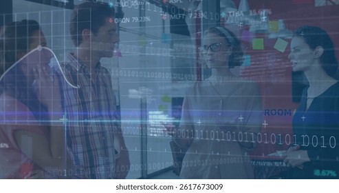 Image of financial data processing over businesses people. global business, finances, data processing and digital interface concept digitally generated image.