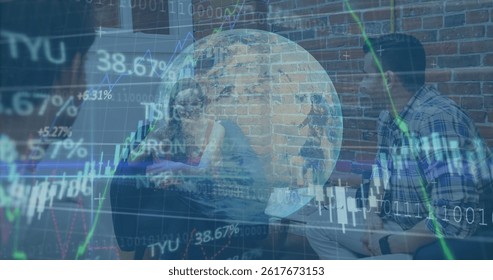 Image of financial data processing over businesses people. global business, finances, data processing and digital interface concept digitally generated image.
