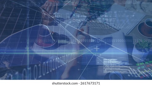 Image of financial data processing over businesses people. global business, finances, data processing and digital interface concept digitally generated image.