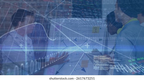 Image of financial data processing over businesses people. global business, finances, data processing and digital interface concept digitally generated image.