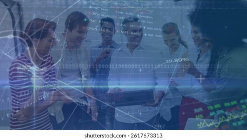 Image of financial data processing over businesses people. global business, finances, data processing and digital interface concept digitally generated image.