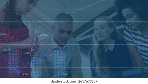 Image of financial data processing over businesses people. global business, finances, data processing and digital interface concept digitally generated image.