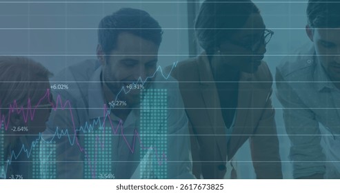 Image of financial data processing over diverse business people. global business, finances and digital interface concept digitally generated image.