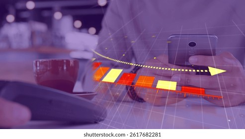 Image of financial data processing over people using payment terminal. global shopping, finances, data processing and digital interface concept digitally generated image.