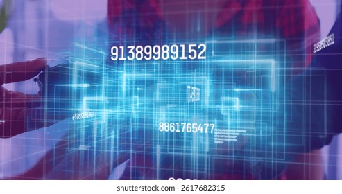Image of financial data processing over people using payment terminal. global business, finances, data processing and digital interface concept digitally generated image.