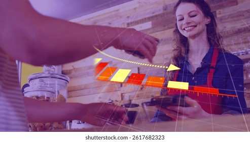 Image of financial data processing over people using payment terminal. global business, finances, data processing and digital interface concept digitally generated image.