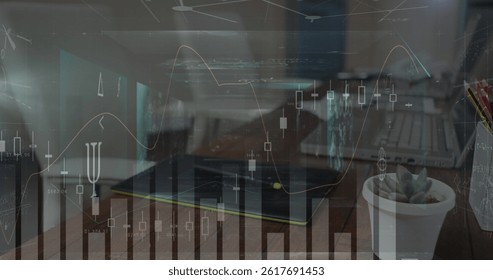 Image of financial data processing over desk in office. global finances, data processing and digital interface concept digitally generated image.