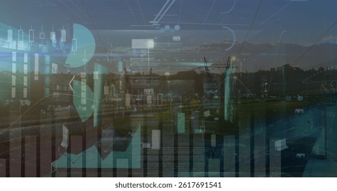 Image of financial data processing over cityscape. global finances, data processing and digital interface concept digitally generated image.