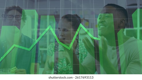 Image of financial data processing over group of diverse business people. global business, finances, data processing and digital interface concept digitally generated image.