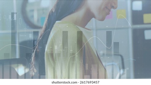Image of financial data processing over caucasian businesswoman. global business, finances, data processing and digital interface concept digitally generated image.