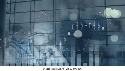 Image of financial data processing over caucasian businessmen. global business, finances, data processing and digital interface concept digitally generated image.