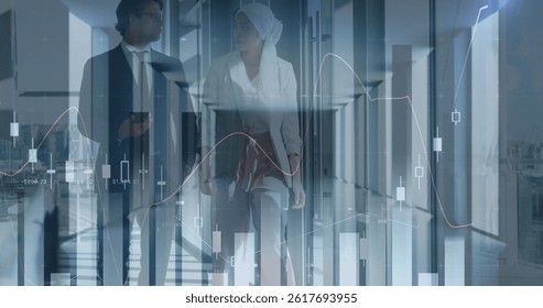 Image of financial data processing over two diverse business people. global business, finances, data processing and digital interface concept digitally generated image.