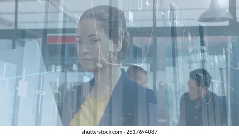 Image of financial data processing over caucasian businesswoman. global business, finances, data processing and digital interface concept digitally generated image.