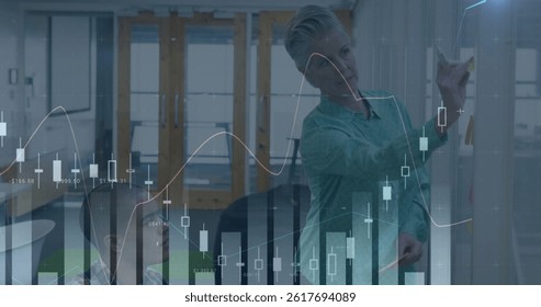 Image of financial data processing over caucasian businesswoman. global business, finances, data processing and digital interface concept digitally generated image.