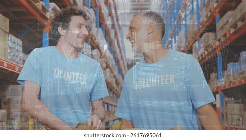 Image of financial data processing over two diverse warehouse worker. global shipping, delivery, business, data processing and technology concept digitally generated image.