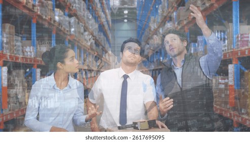 Image of financial data processing over three diverse warehouse worker. global shipping, delivery, business, data processing and technology concept digitally generated image.