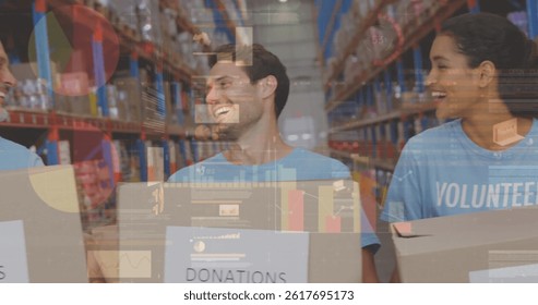 Image of financial data processing over three diverse warehouse worker. global shipping, delivery, business, data processing and technology concept digitally generated image.