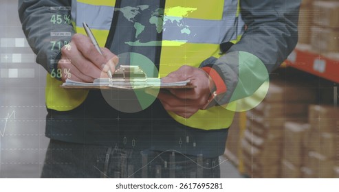 Image of financial data processing over caucasian warehouse worker. global shipping, delivery, business, data processing and technology concept digitally generated image.