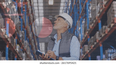 Image of financial data processing over biracial warehouse worker. global shipping, delivery, business, data processing and technology concept digitally generated image.