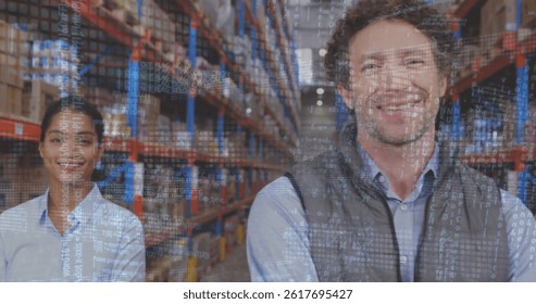 Image of financial data processing over two diverse warehouse worker. global shipping, delivery, business, data processing and technology concept digitally generated image.