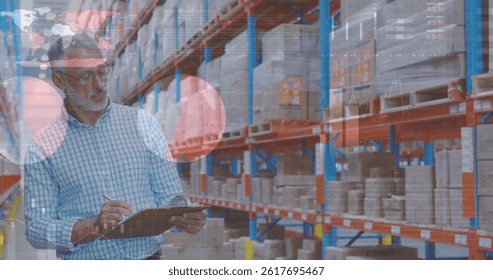 Image of financial data processing over biracial warehouse worker. global shipping, delivery, business, data processing and technology concept digitally generated image.