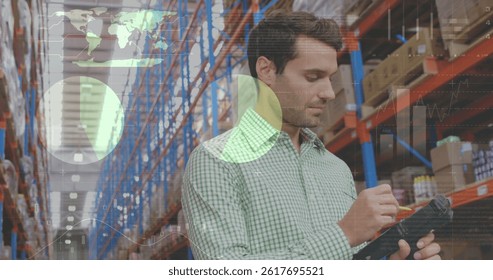 Image of financial data processing over caucasian warehouse worker. global shipping, delivery, business, data processing and technology concept digitally generated image.