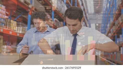 Image of financial data processing over two caucasian warehouse worker. global shipping, delivery, business, data processing and technology concept digitally generated image.